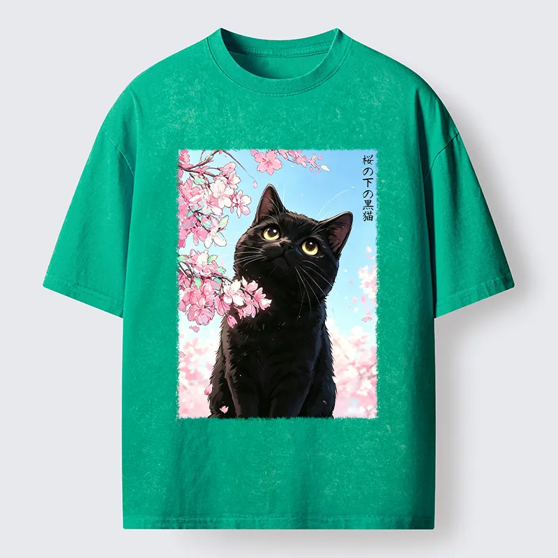 Tokyo-Tiger Japanese Sakura Black Cat Washed T-Shirt