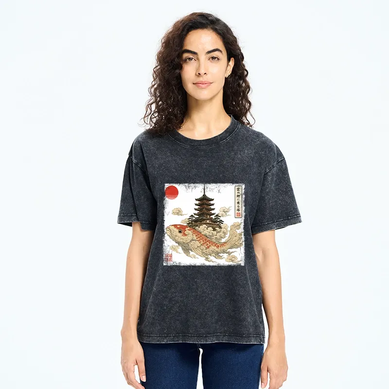 Tokyo-Tiger Sacred Koi Carp And Ancient Temple Tower Art Washed T-Shirt