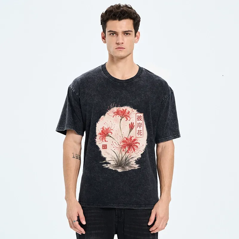 Tokyo-Tiger Red Spider Lily Watercolor Painting Washed T-Shirt