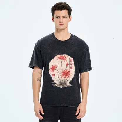 Tokyo-Tiger Red Spider Lily Watercolor Painting Washed T-Shirt