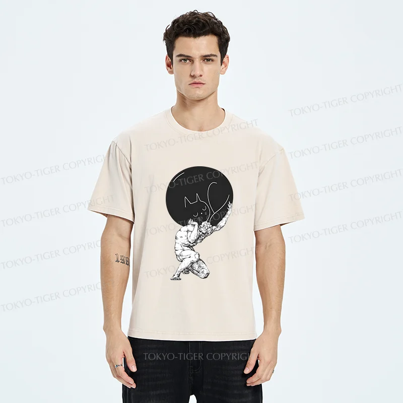 Tokyo-Tiger Stone Statue Holding A Cat Washed T-Shirt