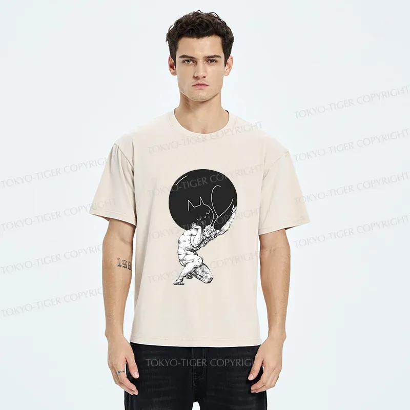 Tokyo-Tiger Stone Statue Holding A Cat Washed T-Shirt