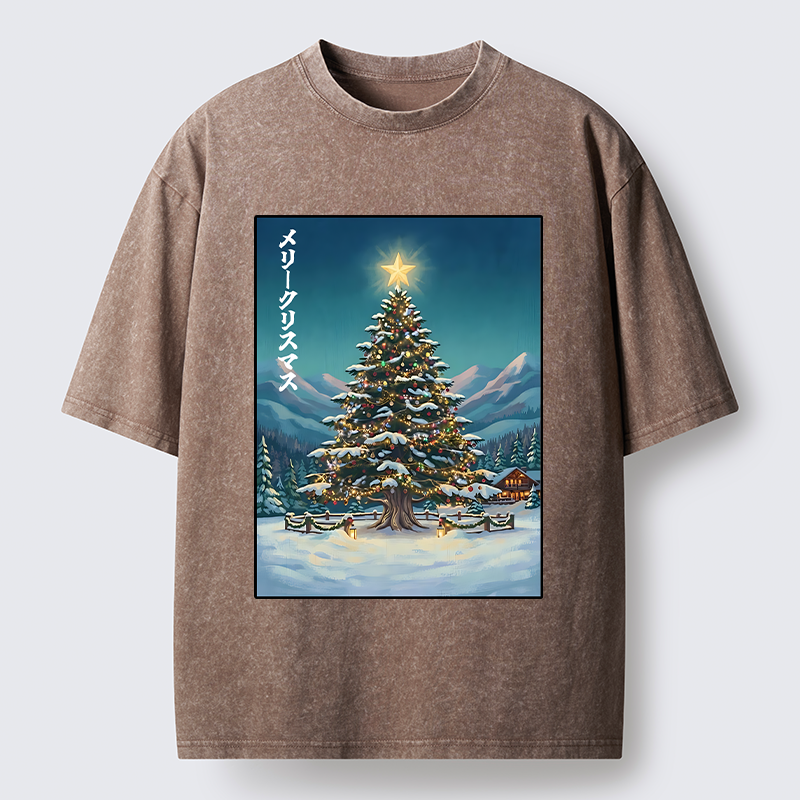 Tokyo-Tiger Snow Mountain Christmas Tree Vibe Washed T-Shirt