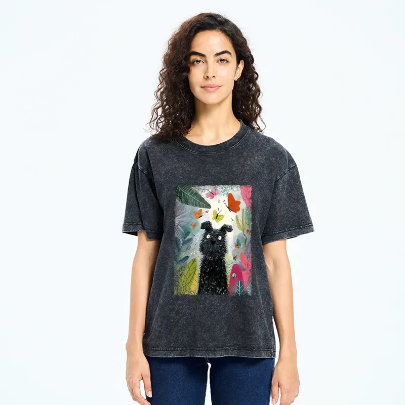 Tokyo-Tiger Black Dog Among Colorful Butterflies Washed T-Shirt