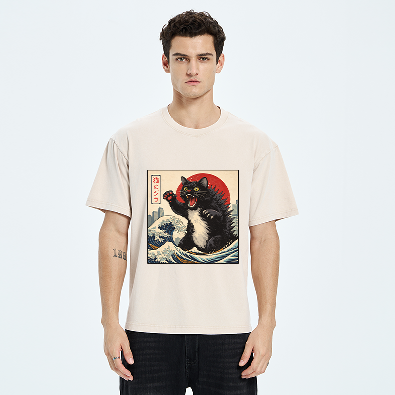 Tokyo-Tiger Black Cat Eats A Big Bowl Of Ramen Funny Washed T-Shirt