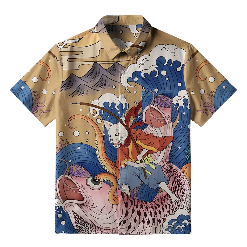 Tokyo-Tiger Japanese Cat Fishing Button-up Shirt