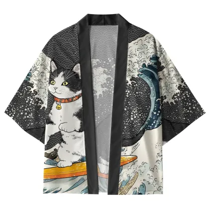 Tokyo-Tiger Surfing Cat Kimono Cardigan