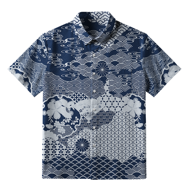 Tokyo-Tiger Elegant Floral Waves Button-up Shirt
