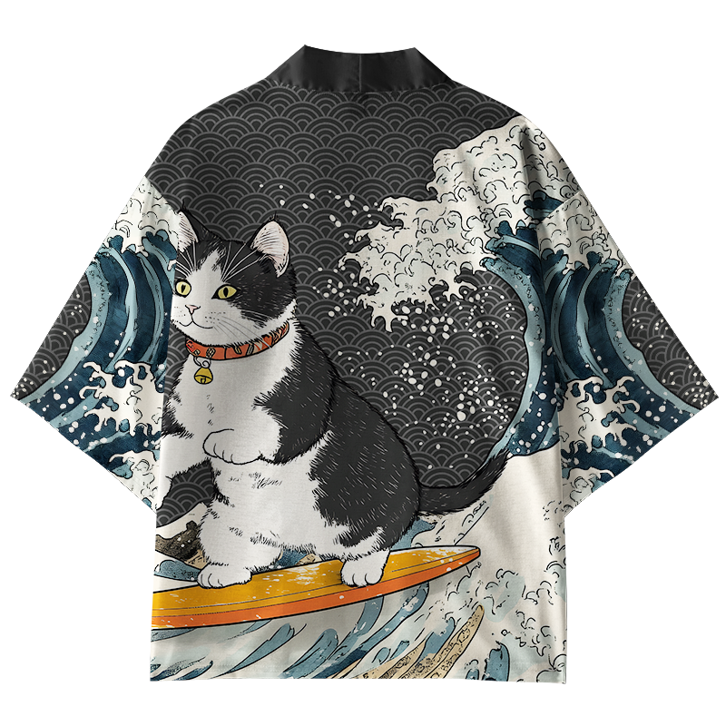 Tokyo-Tiger Surfing Cat Kimono Cardigan
