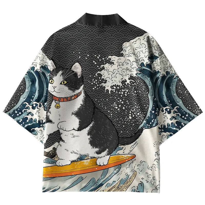 Tokyo-Tiger Surfing Cat Kimono Cardigan