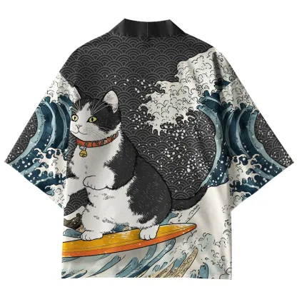Tokyo-Tiger Surfing Cat Kimono Cardigan