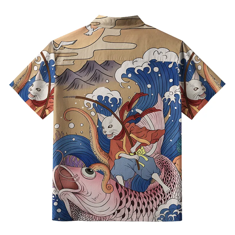 Tokyo-Tiger Japanese Cat Fishing Button-up Shirt