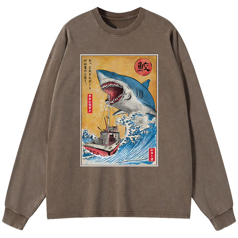 Tokyo-Tiger Ukiyoe Shark Japan Washed Long Sleeve T-Shirt