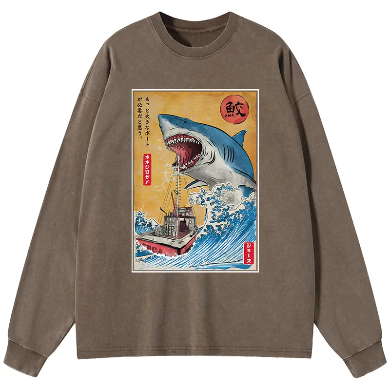 Tokyo-Tiger Ukiyoe Shark Japan Washed Long Sleeve T-Shirt