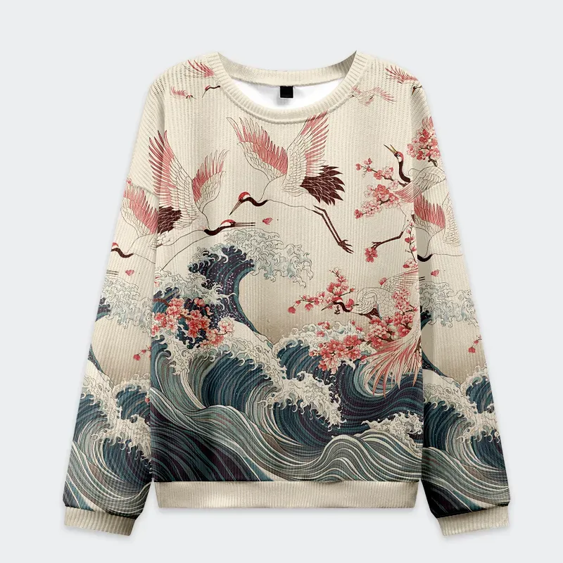 Tokyo-Tiger Cranes Dancing On The Waves Christmas Ugly Sweatshirt