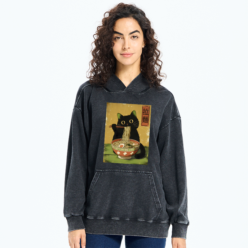 Tokyo-Tiger Vintage Japanese Cat Eating Ramen Washed Hoodie