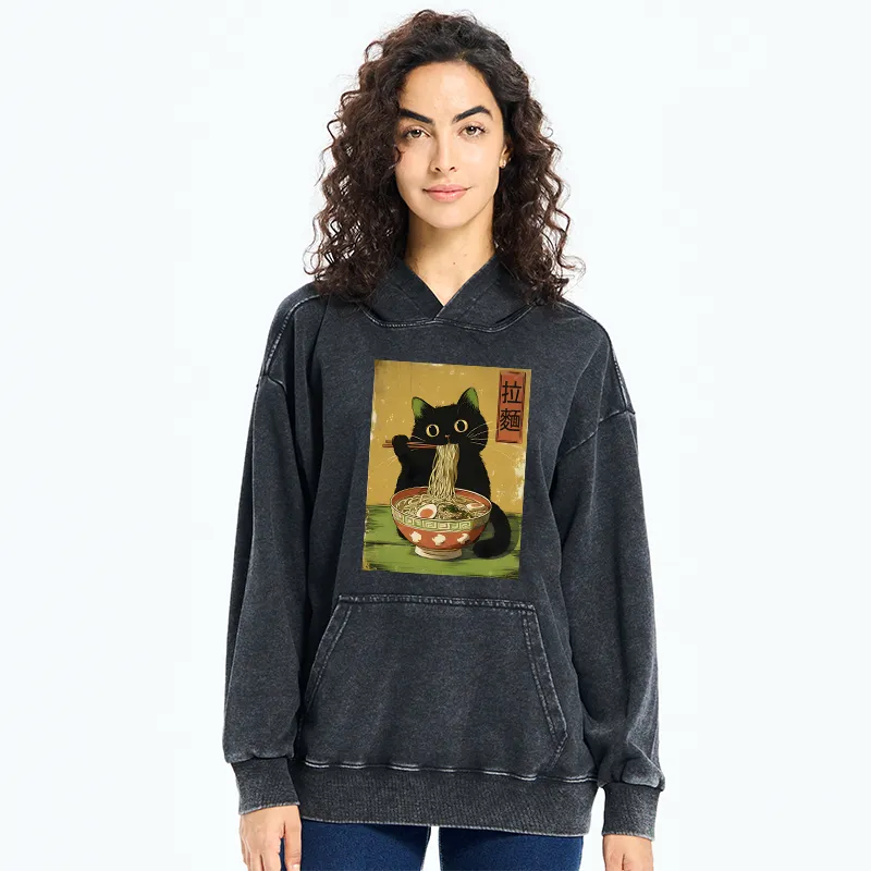 Tokyo-Tiger Vintage Japanese Cat Eating Ramen Washed Hoodie