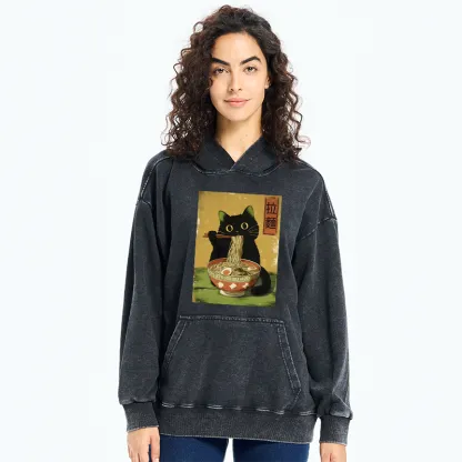 Tokyo-Tiger Vintage Japanese Cat Eating Ramen Washed Hoodie