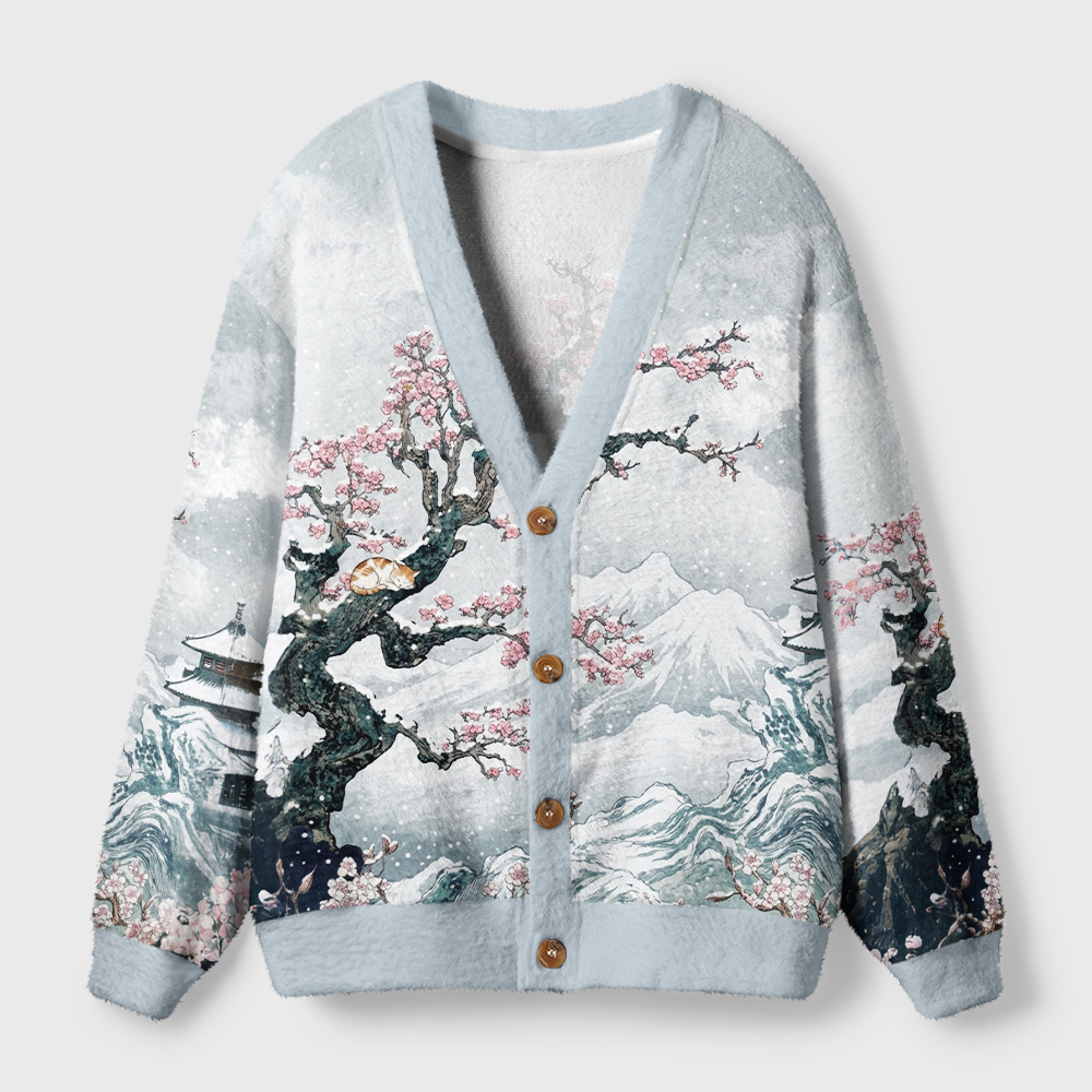 Tokyo-Tiger Sleeping Cat Snow Cherry Ugly Cardigan Sweater
