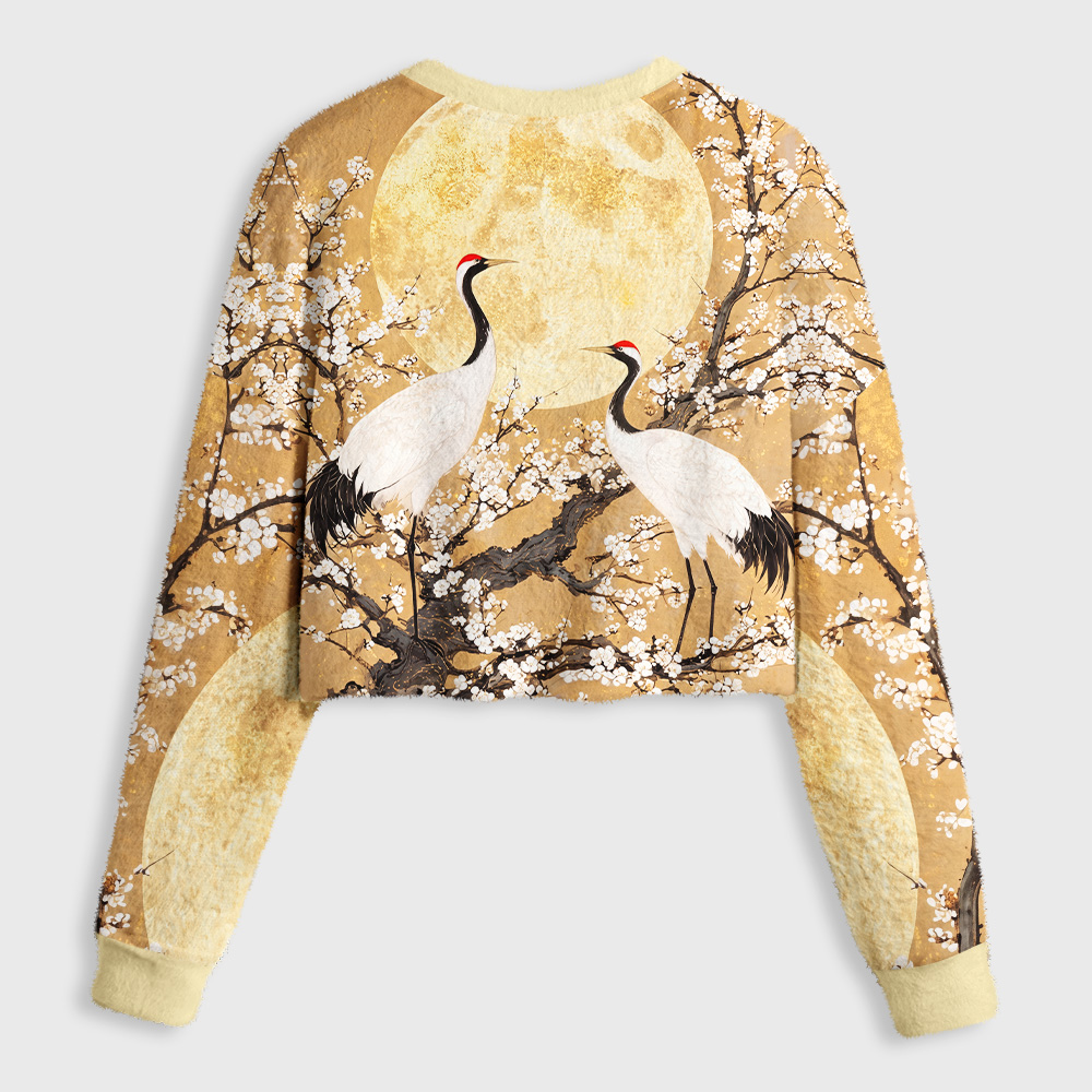 Tokyo-Tiger Plum Moon Crane Scroll Women's Fuzzy Cropped Sweatshirt