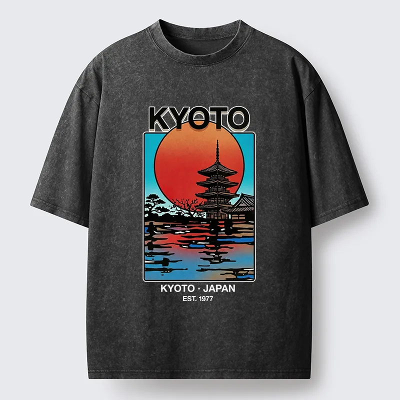 Tokyo-Tiger Japanese Temple Sunset Art Washed T-Shirt