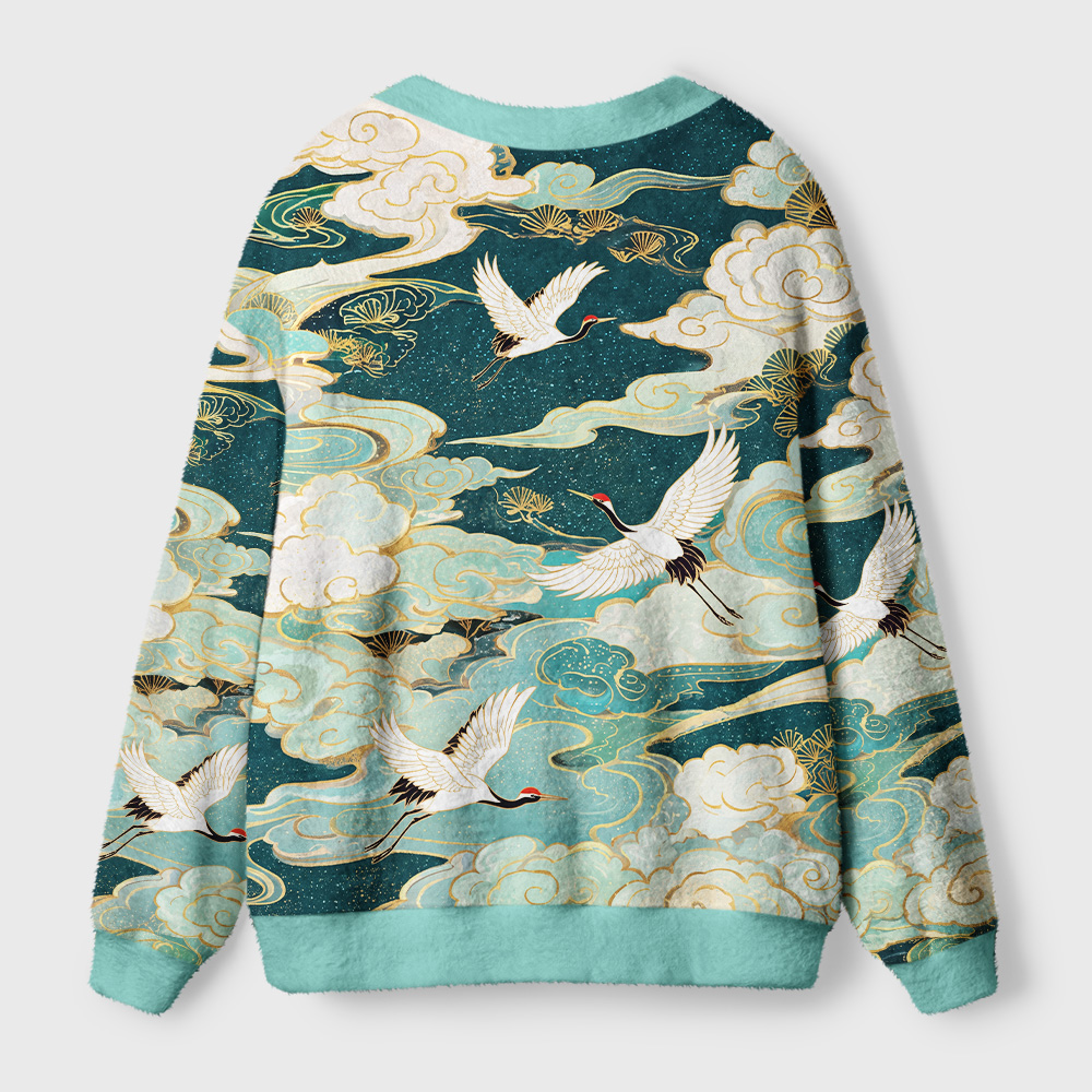 Tokyo-Tiger Soaring Cranes Gilded Clouds Ugly Cardigan Sweater