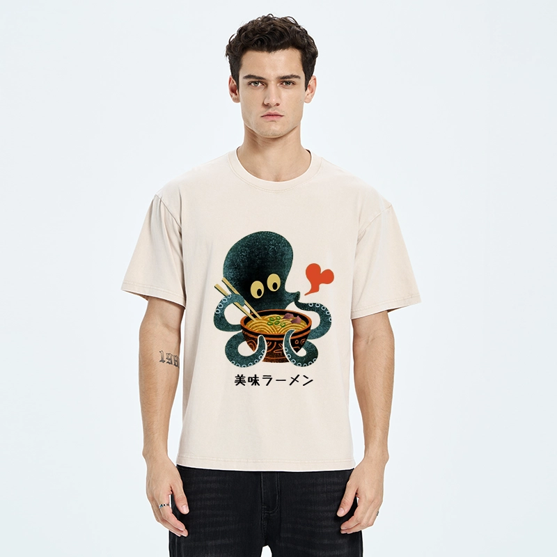 Tokyo-Tiger Octopus Uses Chopsticks For Ramen Washed T-Shirt 