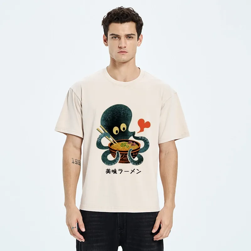Tokyo-Tiger Octopus Uses Chopsticks For Ramen Washed T-Shirt 