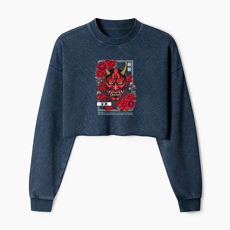 Tokyo-Tiger Cool Oni Floral Art Washed Crop Sweatshirt