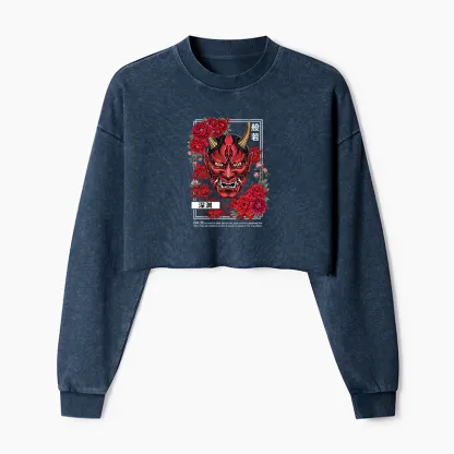 Tokyo-Tiger Cool Oni Floral Art Washed Crop Sweatshirt