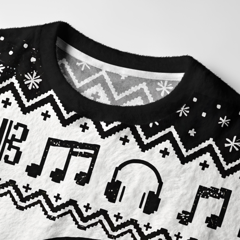 Tokyo-Tiger Retro Headphone Black Cat Fuzzy Christmas Ugly Sweatshirt