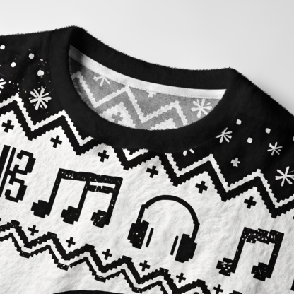 Tokyo-Tiger Retro Headphone Black Cat Fuzzy Christmas Ugly Sweatshirt