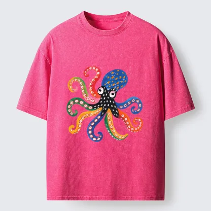 Tokyo-Tiger Bright Rainbow Octopus Washed T-Shirt