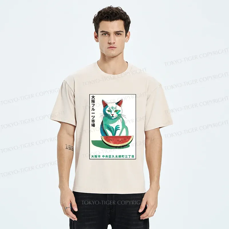 Tokyo-Tiger Cat And Watermelon Washed T-Shirt