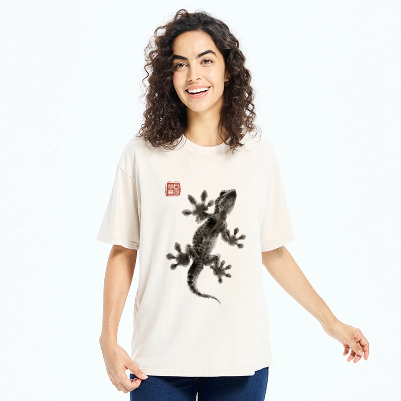 Tokyo-Tiger Minimal Asian Ink Brush Gecko Vibe Washed T-Shirt