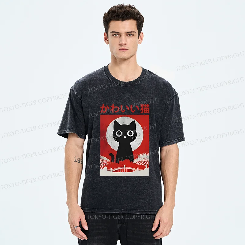 Tokyo-Tiger Cute Retro Cat Washed T-Shirt