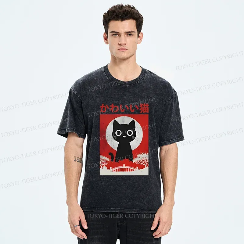 Tokyo-Tiger Cute Retro Cat Washed T-Shirt