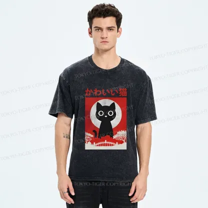 Tokyo-Tiger Cute Retro Cat Washed T-Shirt