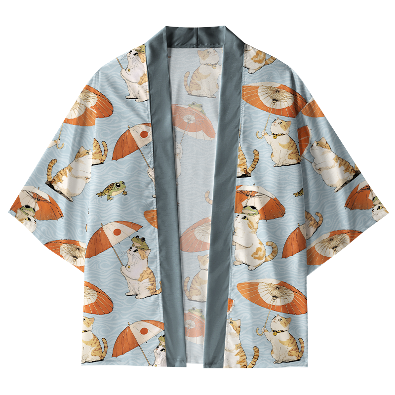 Tokyo-Tiger Cat Holding An Umbrella Kimono Cardigan