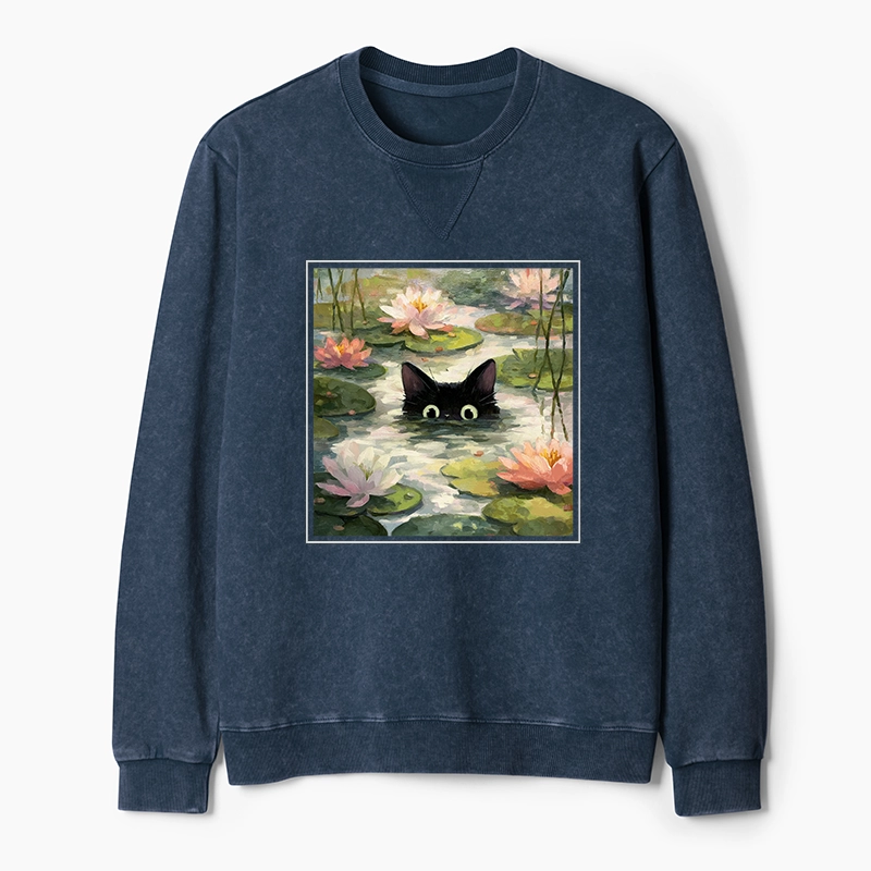 Tokyo-Tiger Black Cat and Lotus Flower Washed Terry Sweatshirt