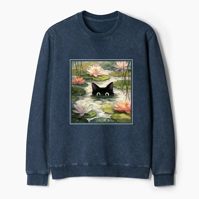 Tokyo-Tiger Black Cat and Lotus Flower Washed Terry Sweatshirt