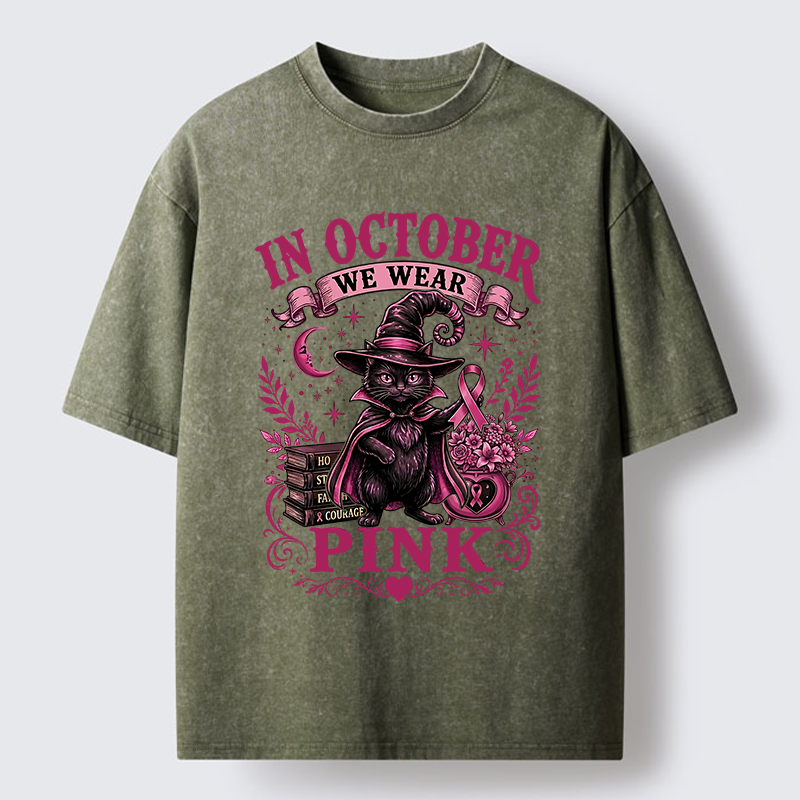 Tokyo-Tiger Witch Cat Breast Cancer Awareness Washed T-Shirt