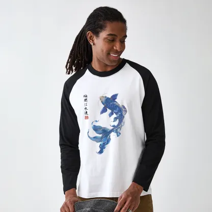 Tokyo-Tiger Lucky Blue Koi Fish Art Raglan Long Sleeve T-shirt