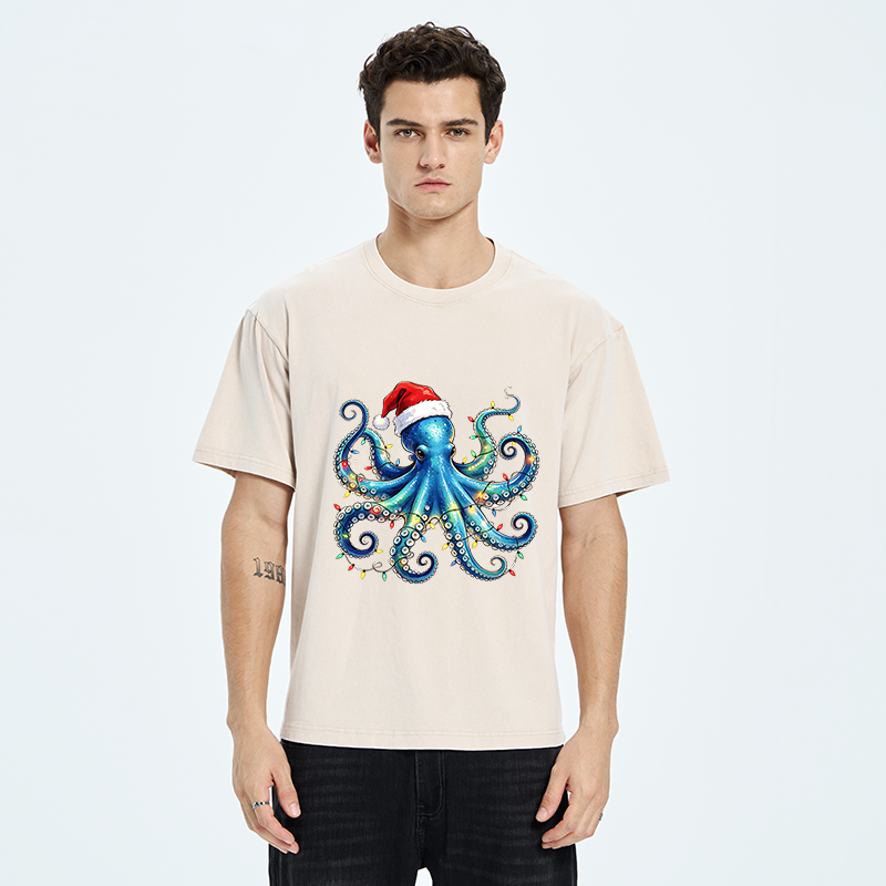 Tokyo‑Tiger Christmas Octopus Lights Washed T‑Shirt
