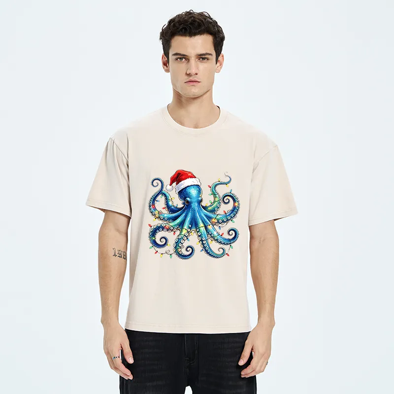 Tokyo‑Tiger Christmas Octopus Lights Washed T‑Shirt