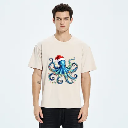 Tokyo‑Tiger Christmas Octopus Lights Washed T‑Shirt