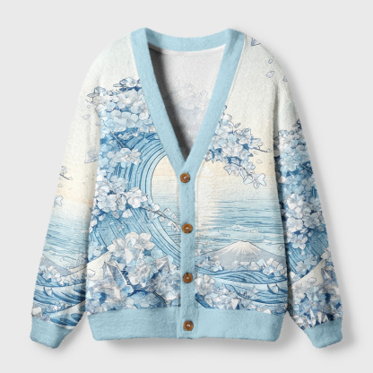 Tokyo-Tiger Crystal‑Cherry Blossom Wave Ugly Cardigan Sweater