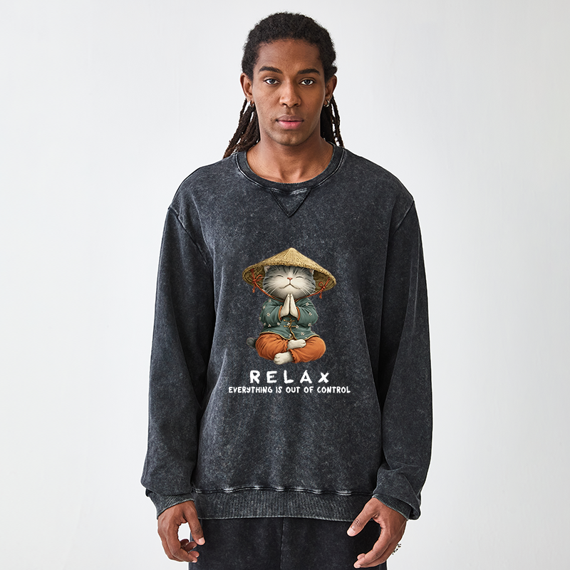 Tokyo-Tiger Zen Relax Cat Graphic Washed Terry Sweatshirt