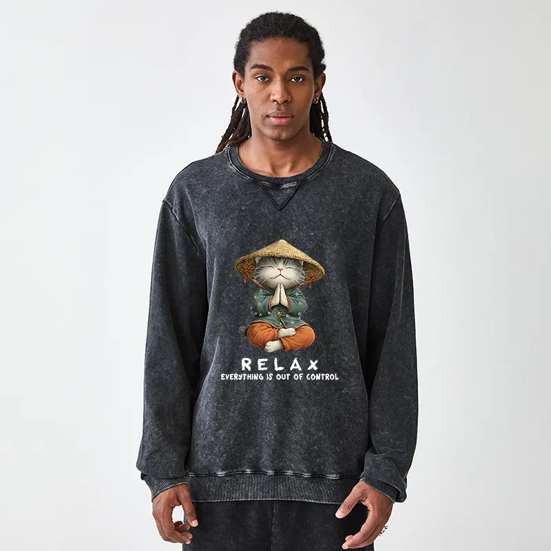 Tokyo-Tiger Zen Relax Cat Graphic Washed Terry Sweatshirt