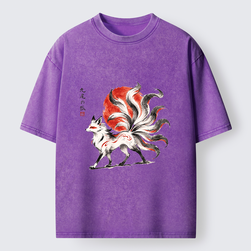 Tokyo-Tiger Nine-Tailed Fox Ink Art Washed T-Shirt